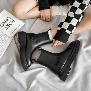 여성 베이직 통굽 데일리 미들 밴딩 첼시부츠 US502 레더 발목 하이힐 남자