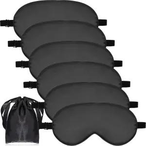 6피스 내추럴 실크 수면 마스크 부드러운 조절 스트랩 눈가리개 섀드 부드럽고 편안한 커버 가방 포함 블랙