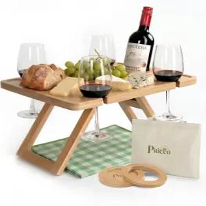 야외 와인 피크닉 테이블 유리 홀더가 있는 나무 접이식 실내외용 대나무 스낵 트레이 매트 및 토트백 포함