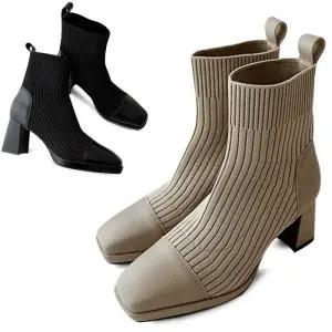 [카미엣뮤즈]가죽 콤비 니트 앵클 부츠_KM23s270