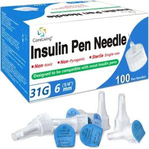 케어리빙 펜 바늘 31G 6mm 1/4인치 100개 대부분의 인젝터 장치와 호환되는 범용 핏 편안한 를 위한 초박형