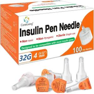 케어리빙 펜 바늘 32G 4mm 5/32인치 100개 대부분의 인젝터 장치와 호환되는 범용 핏 편안한 를 위한
