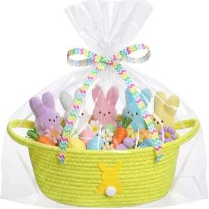 티니유 직조 부활절 바구니에 선물 가방과 리본 작은 면 비움 포장 달걀 사냥 보관용 손잡이가 달린 로프