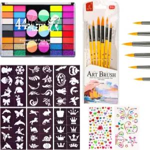 44 컬러 페이스 페인팅 키트 무독성 워터 활성화 팔레트에 매트 글리터 및 형광 색상 브러시 스텐실 보석이