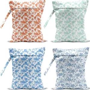 4팩 로즈 플로럴 웨트백 방수 세척 가능 재사용 드라이백 수영복 천 기저귀 여행 비치 풀 요가 짐 세면도구