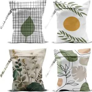 4팩 보호 그린 추상 식물성 습식 백 방수 세척 가능 재사용 드라이 수영복 옷 기저귀 여행 비치 수영장