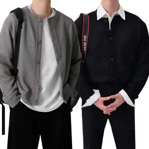 남자 라운드 가디건 크롭 봄 넥 오버핏 니트 롱