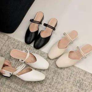 스퀘어 투웨이 스트랩 미들굽 뮬 블로퍼 구두