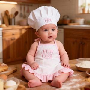 2피스 셰프 자수 아기 여자아이 의상 신생아 사진 촬영 소품 귀여운 앞치마 모자 세트 유아 베이커 요리사