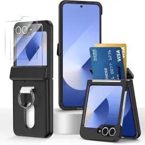 삼성 갤럭시 Z 플립 5/6/7 FE용 케이스 링 및 힌지 보호 기능 2배 화면 슬림 월렛 커버 하드 PC 지문 방지