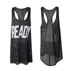 운동복 블랙 1P 나시티 레터링 롱 요가 레이어드 메쉬