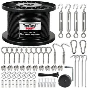 TooTaci 1/8 와이어 로프 키트 줄 조명 걸이용 케이블 M5 턴버클이 있는 200피트 검은색 비닐 코팅
