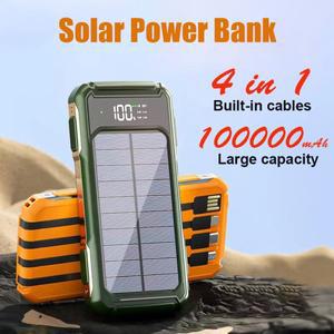 4-in-1 태양광 보조베터리 내장형 케이블 100000 mAh 고용량 충전기 고속 스마트 디지털 디스플레이 배터리