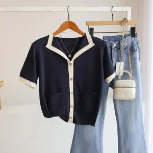 [잇수다] 던모노 라인배색 오픈 브이넥 반팔 니트 가디건