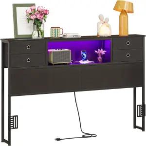 기프트고 퀸 사이즈 헤드보드 4개의 패브릭 수납 서랍 충전 스테이션 LED 조명 조절 가능 높이 랙 견고하고