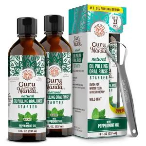 구루난다 스타터 자연 치아 미백용 오일 구강 청결제 코코넛 및 페퍼민트 상쾌한 입냄새와 행복한 잇몸을