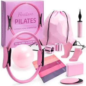 FlexiLuxe 14피스 필라테스 키트 가정용 운동 장비 세트 저항 밴드 링 볼 요가 블록
