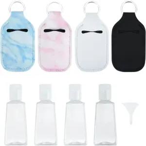 IBEQUEM 8Pcs 손 소독제 열쇠고리 홀더 세트에는 재사용 가능한 플립 캡 여행용 병이 포함되어 있습니다