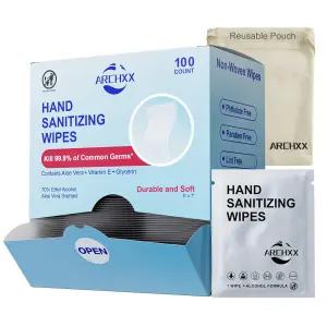 ARCXX 면과 같은 부드러운 손 소독제 물티슈 100 카운트 항균 개별 포장 알코올 70 여행용 사이즈 가정용