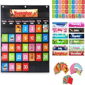교육용 카드가 있는 즐거운 교실 달력 월간 포켓 차트 88장의 교사용 인쇄된 요일 유치원 홈스쿨 필수품