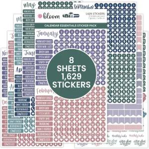 블룸 데일리 플래너 캘린더 필수 스티커 - 월별 제목 날짜 콘 등 색상 조정 8장 팩당 1629개의 주얼 톤
