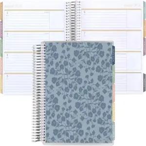 7x9 코일 라이프 플래너 2026년 1월 - 12월 꽃다발 벽지 파란색 클래식 커버 가로 레이아웃 테마 플래티넘