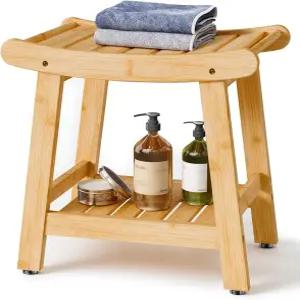 대나무 샤워 벤치 의자와 수납 선반 방수 시트 다리 면도용 2단 욕실 스파 미끄럼 방지 욕실용 실내외 사용