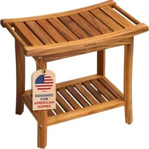 GREENTEAK 프리미엄 22인치 티크 우드 샤워 벤치 선반 2단 방수 스툴 안전성 향상을 위한 미끄럼 방지 발
