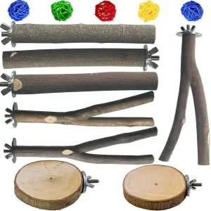 케이지용 8개의 PCS 천연 나무 새 농어 스탠드 5개의 앵무새 라탄 볼 걸이 멀티 브랜치 플랫폼 잉꼬용 해먹