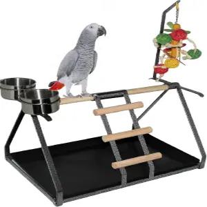 앵무새 새 농어 테이블 상판 스탠드 금속 나무 2개 스틸 컵 놀이 중대형 품종용 17.5인치 x 12.5인치