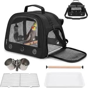 앵무새 여행 수의사 방문을 위한 버드 캐리어 경량 통기성 백팩 스탠딩 농어가 있는 휴대용 야생 조류 블랙