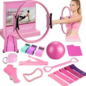 ZentroCart 18개 필라테스 키트 여성 홈 운동용 14인치 매직 서클 링 및 볼 세트 3개의 패브릭 저항 밴드