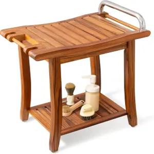 즐거운 추억의 티크 샤워 벤치 시트 선반과 손잡이 20인치 x 14인치 노인용 견고한 우드 스파 목욕 의자