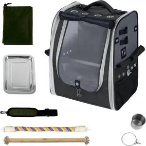 버드데이 캐리어 백팩-패럿 여행 케이지 2PCS 농어 및 음식 그릇 스테인리스 스틸 트레이 회색