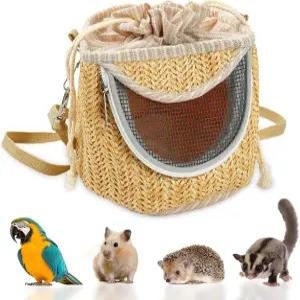 짚으로 짠 새 캐리어 여행용 백팩 - 휴대용 반려동물 통기성 외부 케이지 앵무새 잉꼬