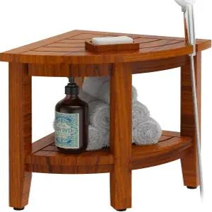 내부 샤워를 위한 Blodhm Teak 18인치 코너 벤치 스툴 수납 선반이 있는 방수 목욕 의자 조립 필요