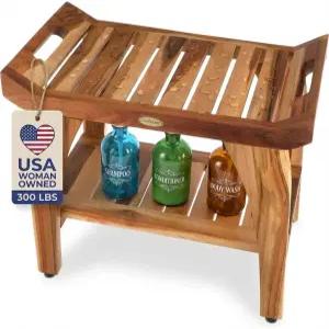 내부 샤워 보관 선반을 위한 에코데코 24인치 평온 내추럴 컬러 방수 티크 우드 벤치 스툴 시트 의자는