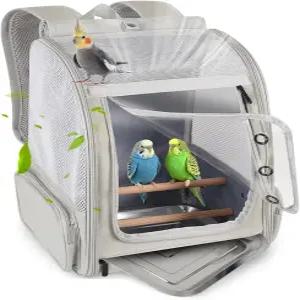 전면 지퍼가 달린 버드 백팩 캐리어 스탠딩 퍼치 2개와 금속 트레이가 있는 휴대용 트래블 케이지 잉꼬