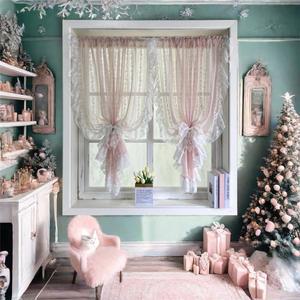 로맨틱 핑크 스트라이프 레이스 쉬어 커튼 화이트 프릴 막대 포켓 거실 침실 주방