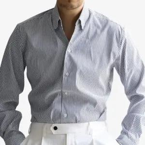 [옷자락]남자 들러리룩 세로줄 빨강 단가라 출근룩 셔츠