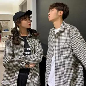 [다잇템]남녀공용 커플템 학생 오버핏 체크 긴팔 셔츠