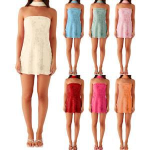 2025 여성 Y2K 섹시한 미니 드레스 꽃 프린트 튜브 여름 패션 백리스 캐주얼 Strapless 초커 스카프