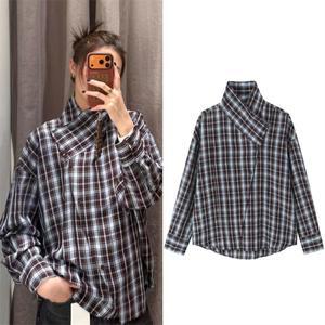 여성 셔츠 2026 봄 신상 브라운과 블루 체크 긴팔 하이넥 루즈핏 트렌디하고 캐주얼