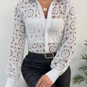 패션 화이트 긴팔 턴다운  여성 셔츠 레이스 펀칭 블라우스 상의 2025 카미사스 데 무헤르 블루사스 Q214