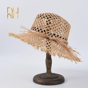 라피아 밀짚 모자 여성 여름 2020 Bow Hollow Out 통기성 와이드 브림 Sombreros Mujer Verano 비치 캡 Fem