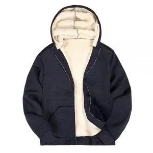 Gihuo 남성용 셰르파 안감 와플 니트 집업 후디 겨울용 따뜻한 스웨트셔츠 재킷 네이비 XL [호환]