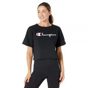 Champion 여성용 크롭 티셔츠 블랙 빈티지 스크립트 [호환]