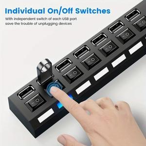 LED 조명이 포함된 7 포트 USB 2.0 어댑터 허브(컴퓨터 태블릿 노트북용 독립 전원 켜기 끄기 포함) 데이터