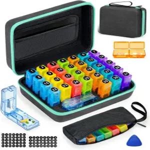 휴대용 하드 쉘 알약 커터 3일 박스 플라스틱 개봉 픽 월간 및 스티커 편리한 관리(블랙 하루 2회)를 한