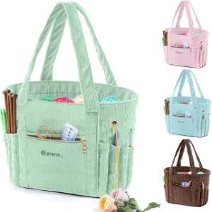 마이배깅 코듀로이 크로셰 백 11.5인치 대형 실 수납 토트 그로밋 바늘 홀더 - 후크 액세서리 도구 및